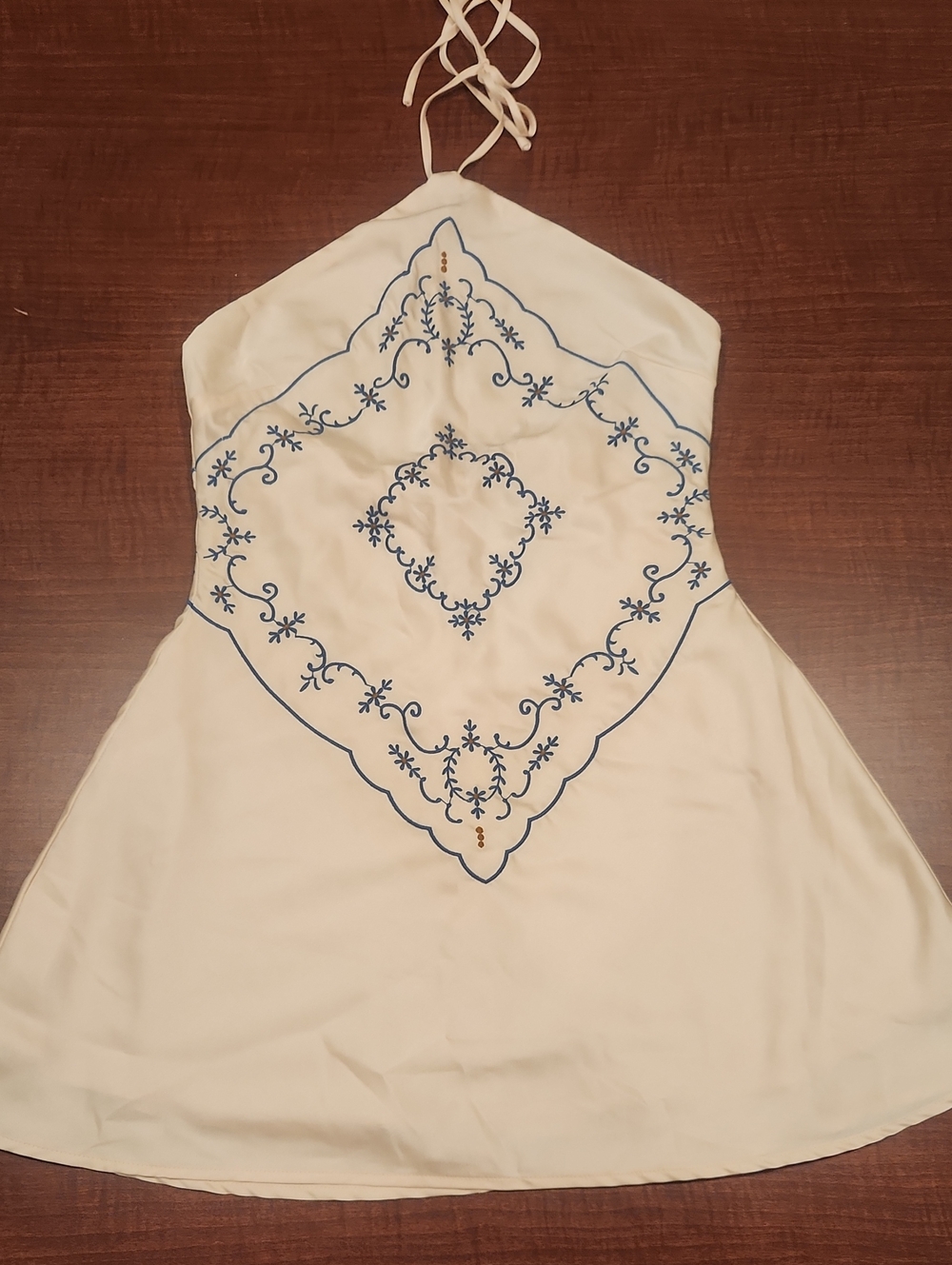 White Halter Dress with Blue Embroidery Handkerchief